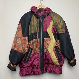 Vintage pizzazz Quilted Color Block Puffer Jacket Pink Gold Copper L